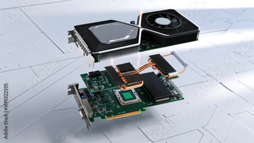 Graphics card exploded view animation showing GPU components separating and reassembling on white technical surface