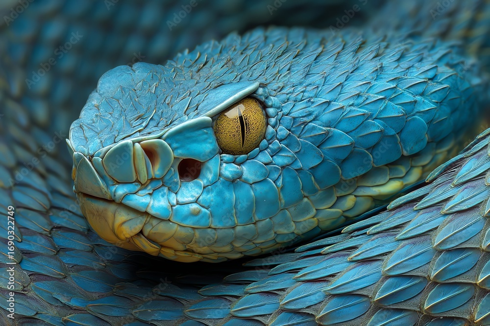 Fototapeta premium A striking close-up captures the iridescent scales and intense gaze of a blue pit viper, showcasing the beauty and power of this tropical reptile in its natural habitat.