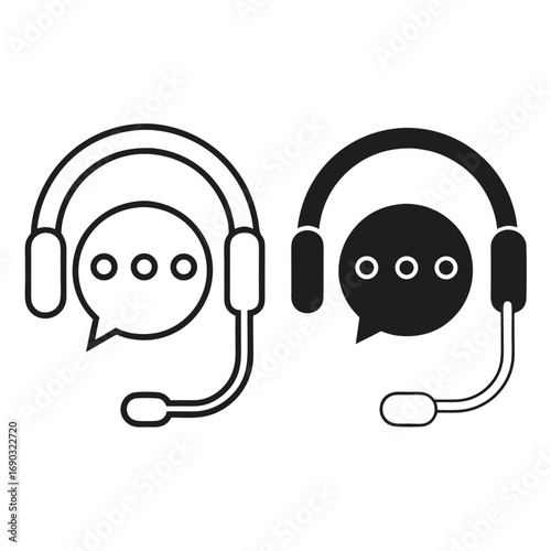 Dual headset icons showcase communication and support, featuring microphone boom and message bubble element