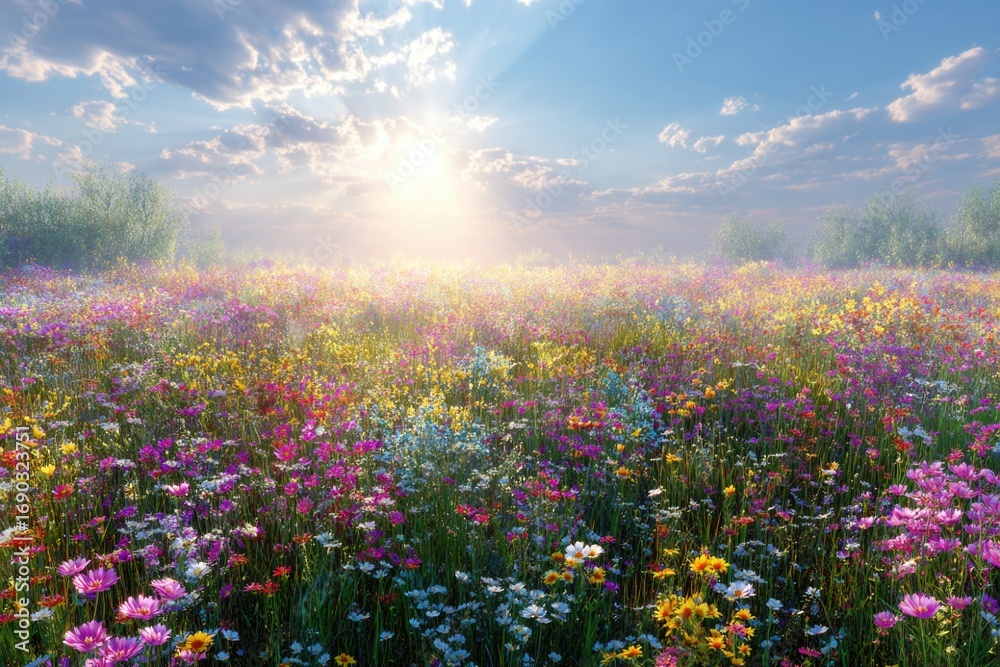 Fototapeta premium vast sweeping meadow full of colorful wildflowers, sunlight streaming through, bright and cheerful landscape.