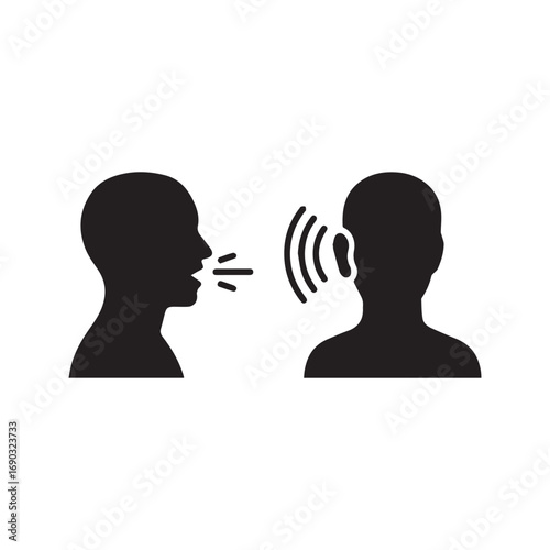 Communication Icon, Person Speaking and Listening Silhouette, Talk and Hear Symbol
