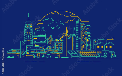 concept of green building or green society, graphic of infrastructure in city that eco-friendly with environment
