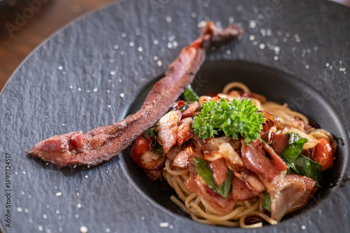 Wallpaper Mural Spaghetti spicy bacon served on plate Torontodigital.ca