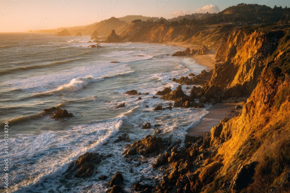 Obraz premium wide sweeping coastal cliffs glowing at sunrise, golden light hitting the ocean waves, airy bright atmosphere.