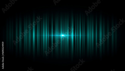 Abstract glowing turquoise sound wave equalizer bars with bright light in the center on a dark background