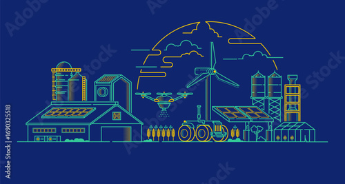 concept of smart farm or ecological farming, lined graphic of agriculture machinery and technology devices