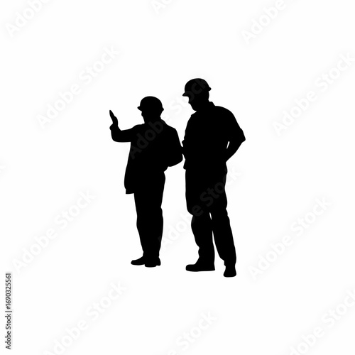 Silhouette of structural engineer instructing crane operator isolated on white background