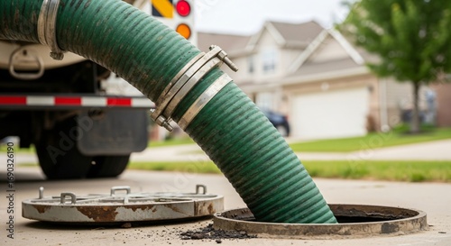 Suction hose extracting sewage from a septic tank. Septic pumping service and maintenance for home sanitation system.