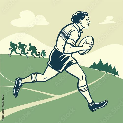 Rugby Player in Action: Dynamic vector illustration of a rugby player sprinting across the field, embodying the spirit of athleticism and competition in this vibrant depiction.