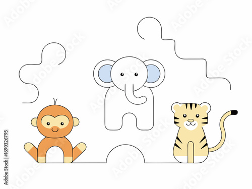 Flat vector illustration of cute jungle animals, minimalist style, clean lines, white background, suitable for Adobe Stock, high resolution”