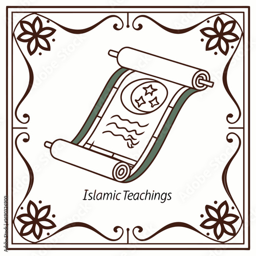 Islamic Teachings Scroll: Depicts an intricately detailed scroll, bearing symbolic imagery and text, framed within an ornate border. Showcasing elements of cultural heritage and scholarly knowledge.