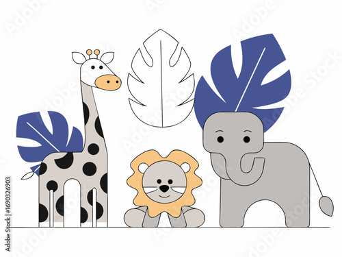 Flat vector illustration of cute jungle animals, minimalist style, clean lines, white background, suitable for Adobe Stock, high resolution”