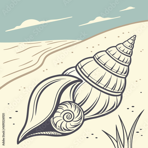 Seashell on the Shore: An intricately detailed seashell rests gracefully on a sandy beach, evoking the serene beauty of the seaside. Capturing the tranquil essence of the ocean.
