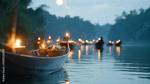 Asian festival Yi Peng lanterns floating on water at night, background