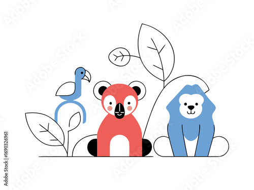 Flat vector illustration of cute jungle animals, minimalist style, clean lines, white background, suitable for Adobe Stock, high resolution”