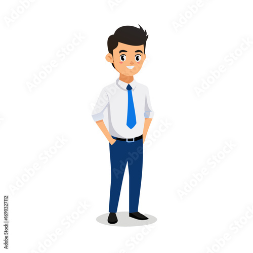Male worker with hands in pocket stands confidently, radiating professionalism and approachable demeanor