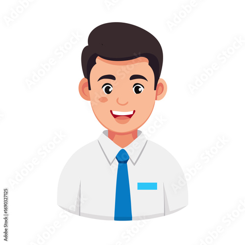Cheerful office worker in flat vector illustration radiates positivity and confidence with vibrant smile, full of energy
