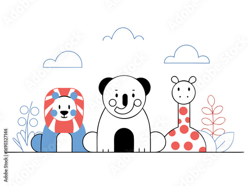 Flat vector illustration of cute jungle animals, minimalist style, clean lines, white background, suitable for Adobe Stock, high resolution”