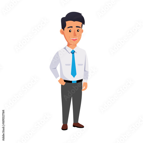 Confident office worker, in professional attire, stands with hand on hip, projecting positive and approachable vibe in vector style