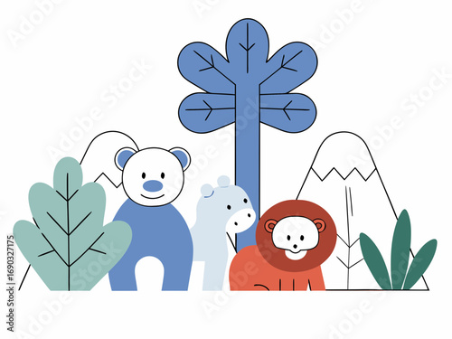 Flat vector illustration of cute jungle animals, minimalist style, clean lines, white background, suitable for Adobe Stock, high resolution”