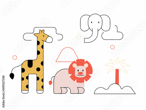 Flat vector illustration of cute jungle animals, minimalist style, clean lines, white background, suitable for Adobe Stock, high resolution”