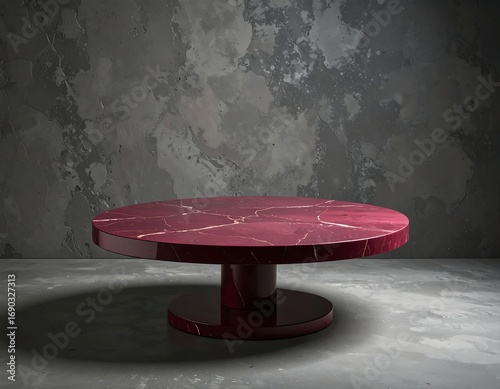 Round red marble coffee table in a dimly lit room