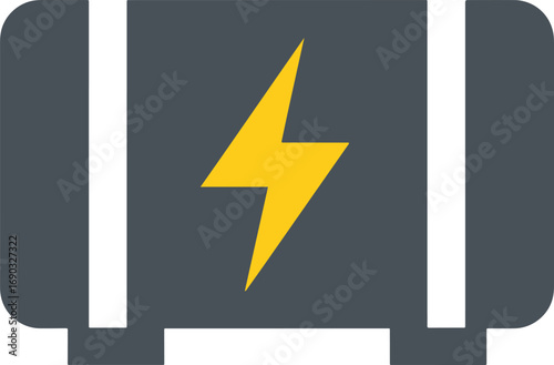 Grey battery with yellow lightning bolt charges device, representing power and energy in a simple, modern style, symbolizing innovation and efficiency.