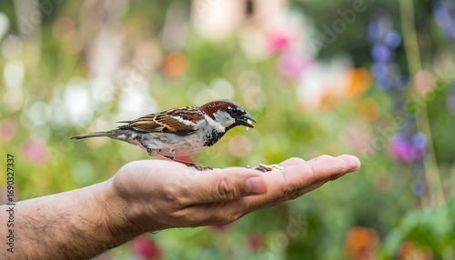 Sparrow feeding from hand
