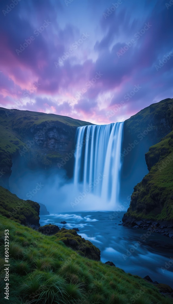 Fototapeta premium Powerful Waterfall Cascading into a River at Dusk standard