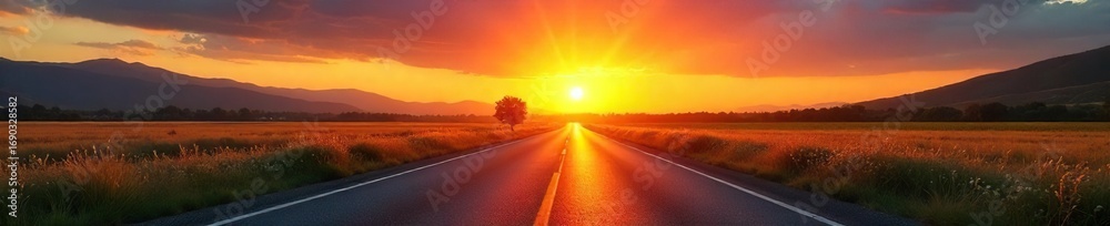Fototapeta premium Golden hour light bathes a tranquil road stretching towards a vibrant sunrise, promising a new day's adventures Perfect for travel, nature, and inspirational themes , clouds, landscape, exploration