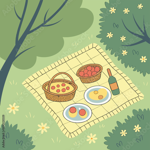 Picnic Spread: A top-down view of a charming picnic set amidst nature's embrace, featuring a delightful arrangement of food and drink, inviting a sense of leisurely delight.