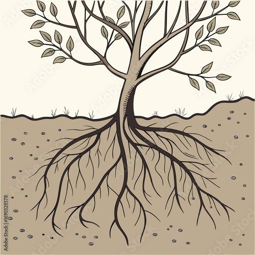 The Rooted Tree: A detailed illustration of a tree showcasing its intricate root system embedded in the earth, emphasizing the vital connection between the above and below ground.