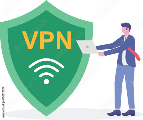 Proxy server, VPN access, secure web traffic concept with tiny people.

