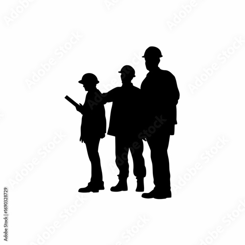 Structural engineer guiding workers silhouette safety helmets isolated on white background