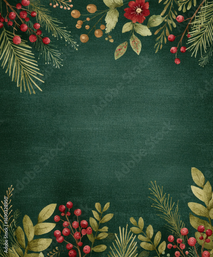 Festive green background with red and gold floral decorations, featuring pine branches and berries, creating holiday themed border. design is elegant and suitable for seasonal greetings