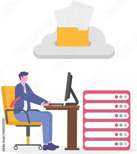 Cloud Computing, Data Storage, Remote Access Concept with Character.

