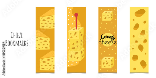 Set of cute bookmarks in cheese style. Rectangular hand drawn bookmarks with cheese holey texture, pieces, canapes and emblem. Printable set isolated on white background. Flat illustration style.