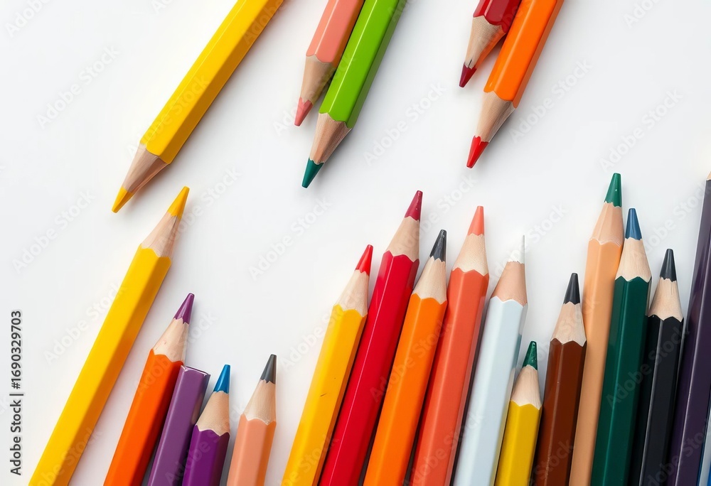 Fototapeta premium Vibrant colored pencils arranged in a pleasing pattern, isolated on pure white , vibrant, art materials