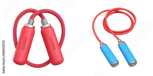 Two sets of jump ropes featuring different colors and grips, designed for fitness and exercise.