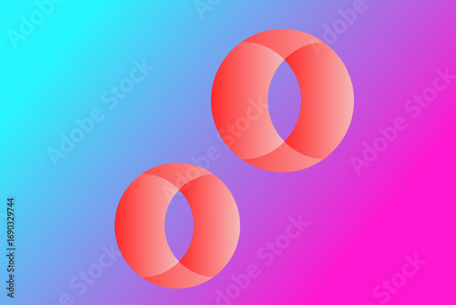 Two red, glossy, intertwined torus shapes appear on a vibrant gradient background transitioning from blue to pink. The toruses are positioned diagonally, with one slightly above and to the right of th
