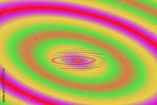 Concentric circles of vibrant colors, including yellow, red, green, and purple, create a ripple effect centered in the image. The colors blend smoothly, forming a hypnotic, abstract pattern. The image