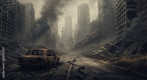 Fototapeta Naklejka Na Ścianę i Meble -  Post-Apocalyptic City Street with Destroyed Buildings and Burned Car – War, Disaster and Ruins Background 