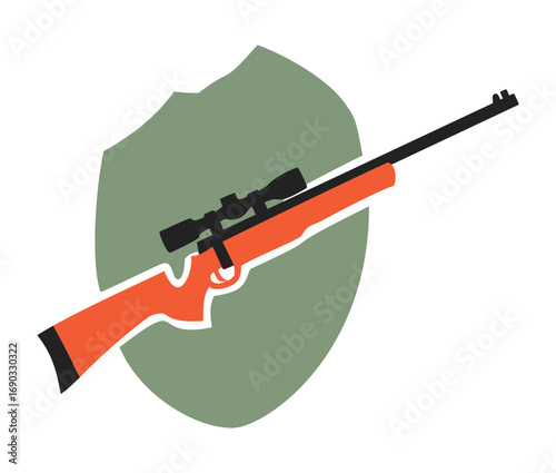A hunting rifle with a scope in front of a green shield, representing hunting, sport, and security