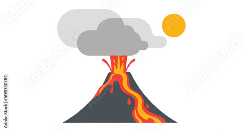 Stylized Volcano Eruption with Lava Flow and Smoke Clouds Illustration