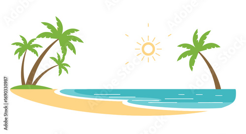 Tropical Beach Scene with Palm Trees and Sun Illustration