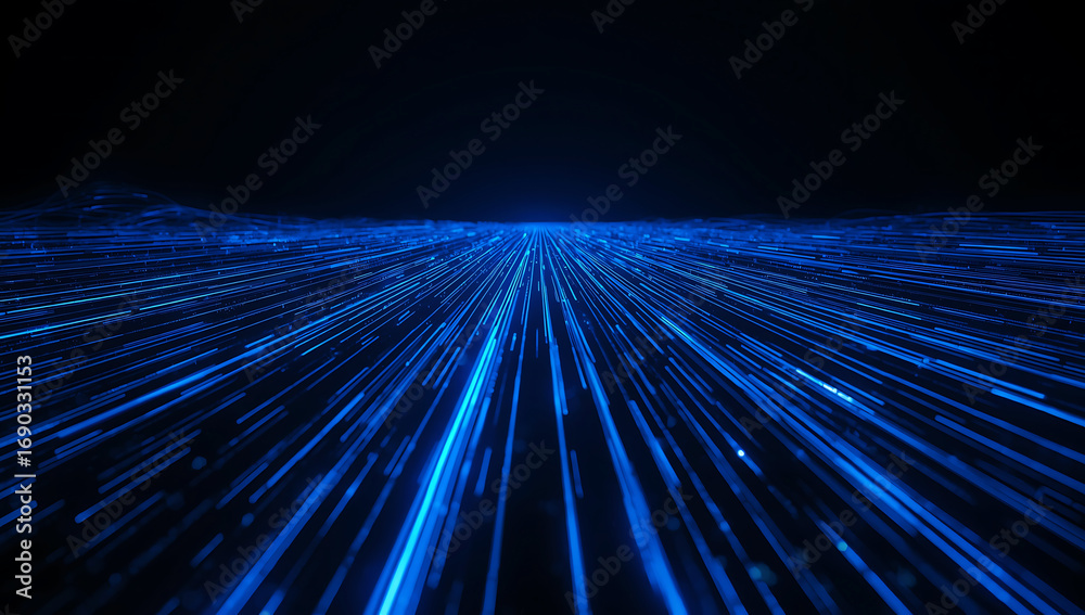 Naklejka premium Abstract digital network grid with glowing blue light trails receding into darkness representing data flow