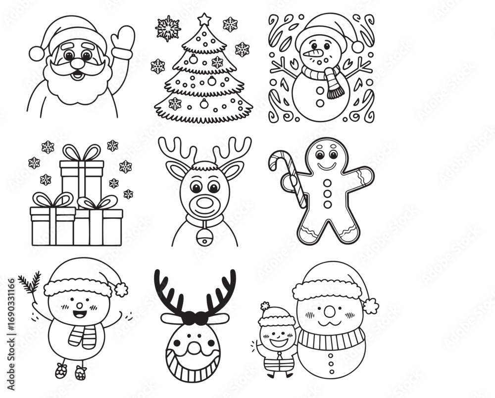 Fototapeta premium Christmas santa illustration elements vector line drawing set isolated on a white background