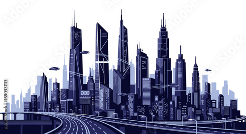 Futuristic Cityscape with Flying Vehicles and Modern Architecture in Blue Tones