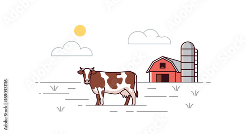 Cartoon Cow with Brown and White Spots Standing in Field