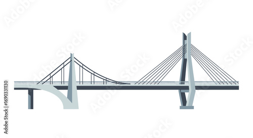 Cable-Stayed Bridge with Twin Towers and Suspension Cables Illustration